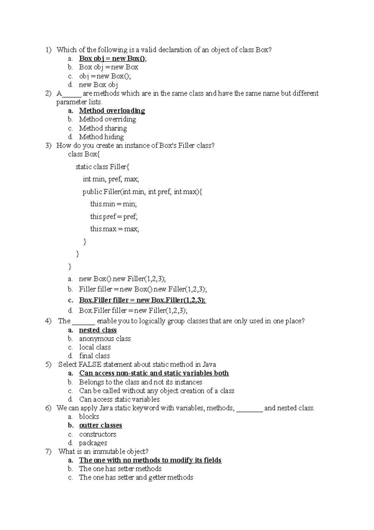 Quiz34 Classes Objects Nested Classes Which of the following is a