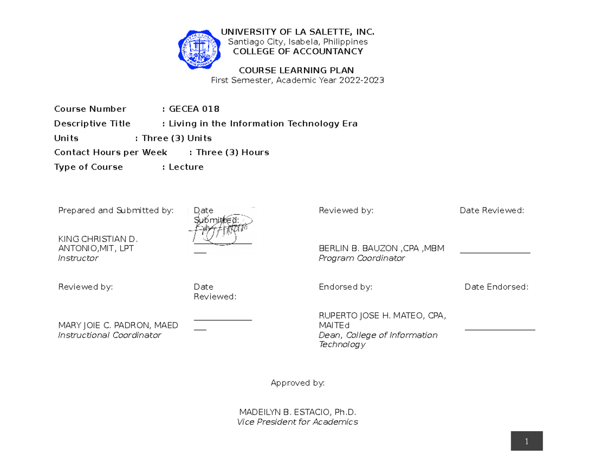 Living in the Information Technology - UNIVERSITY OF LA SALETTE, INC ...