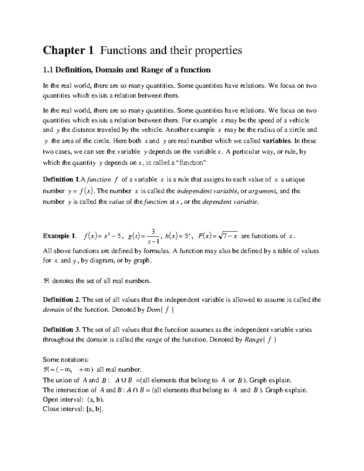Chapter 1 - Chapter 1 Functions and their properties 1 Definition ...