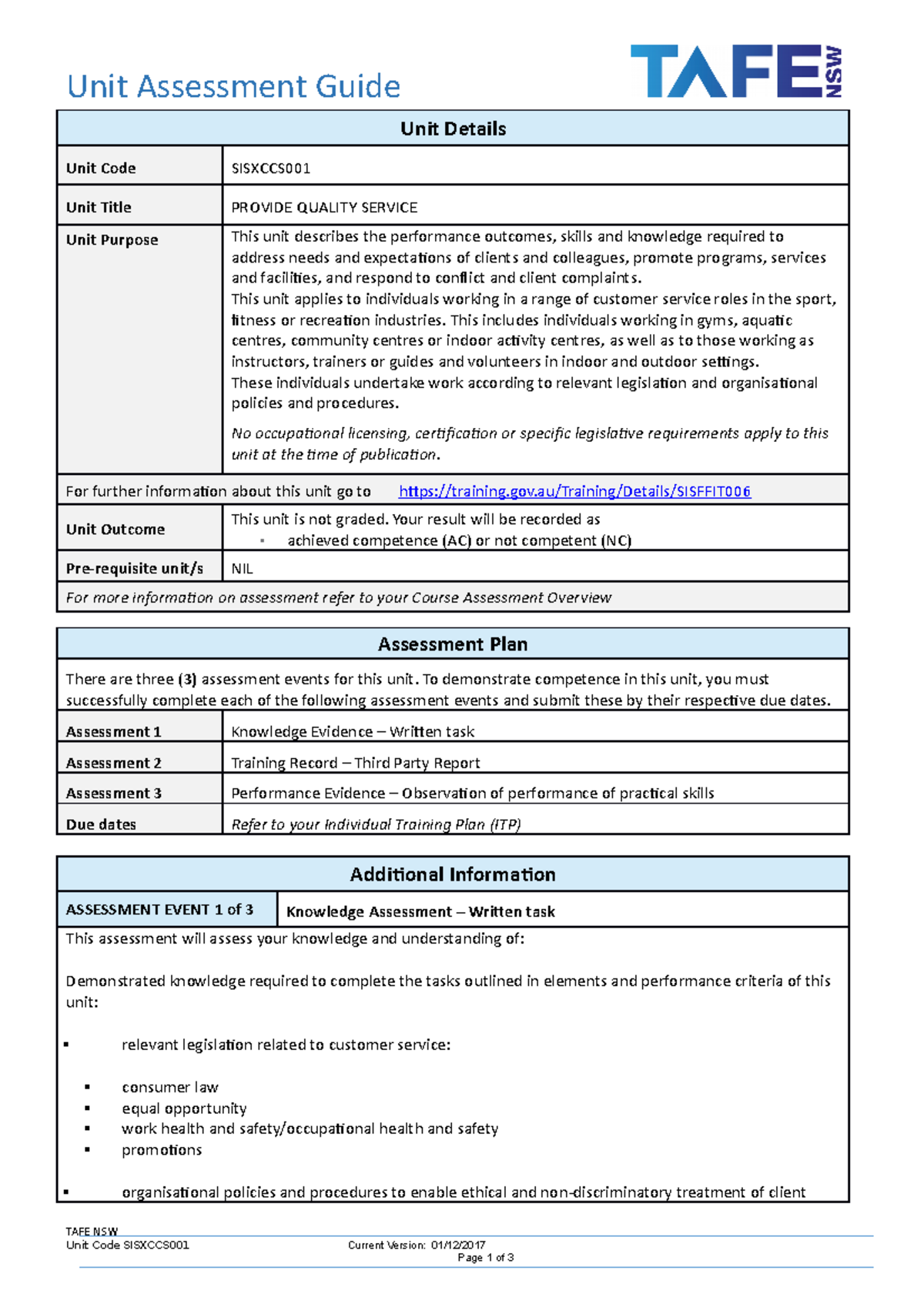 Sisxccs 001 Unit Assessment Guide - Unit Assessment Guide Unit Details ...