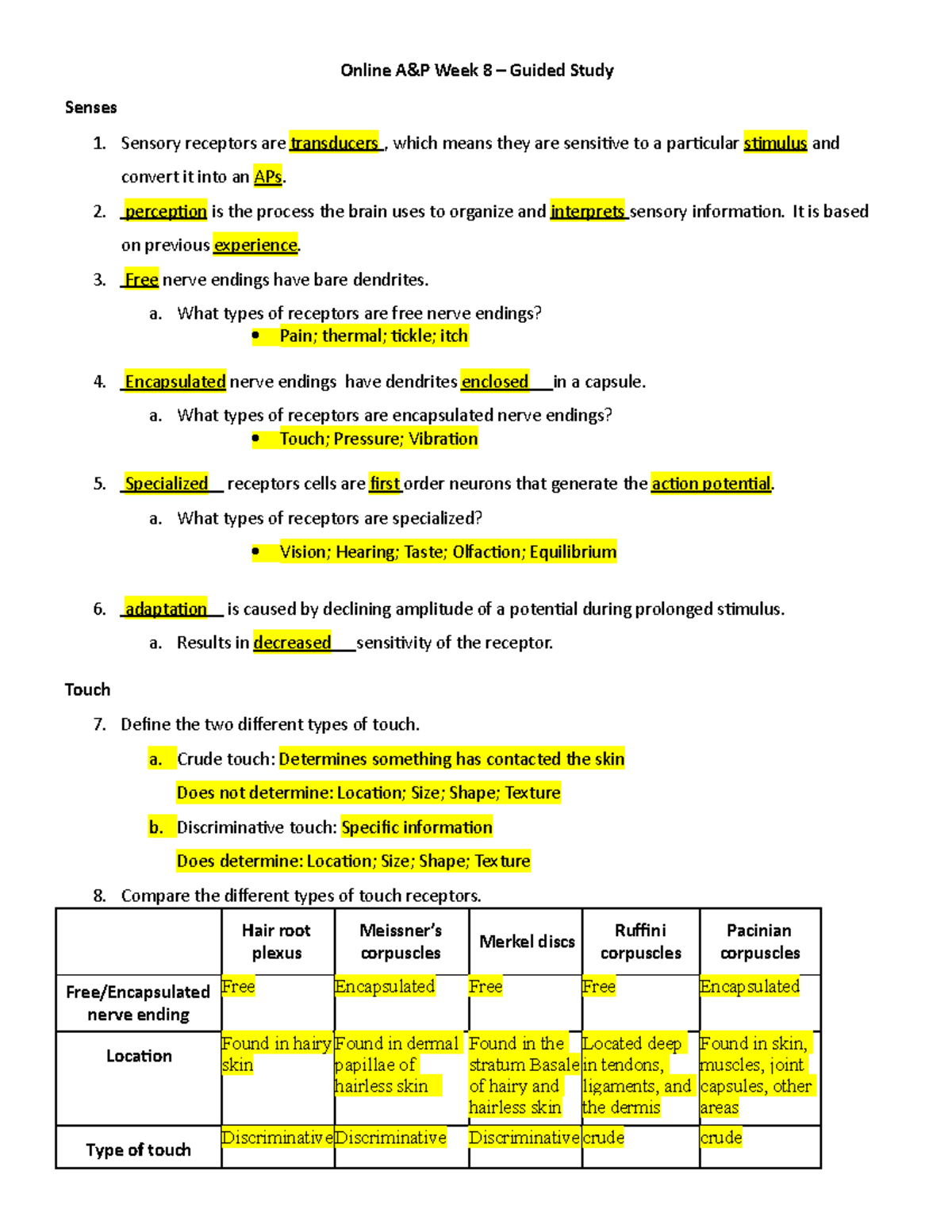 Week 8 Study Guide - Online A&P Week 8 – Guided Study Senses 1. Sensory ...