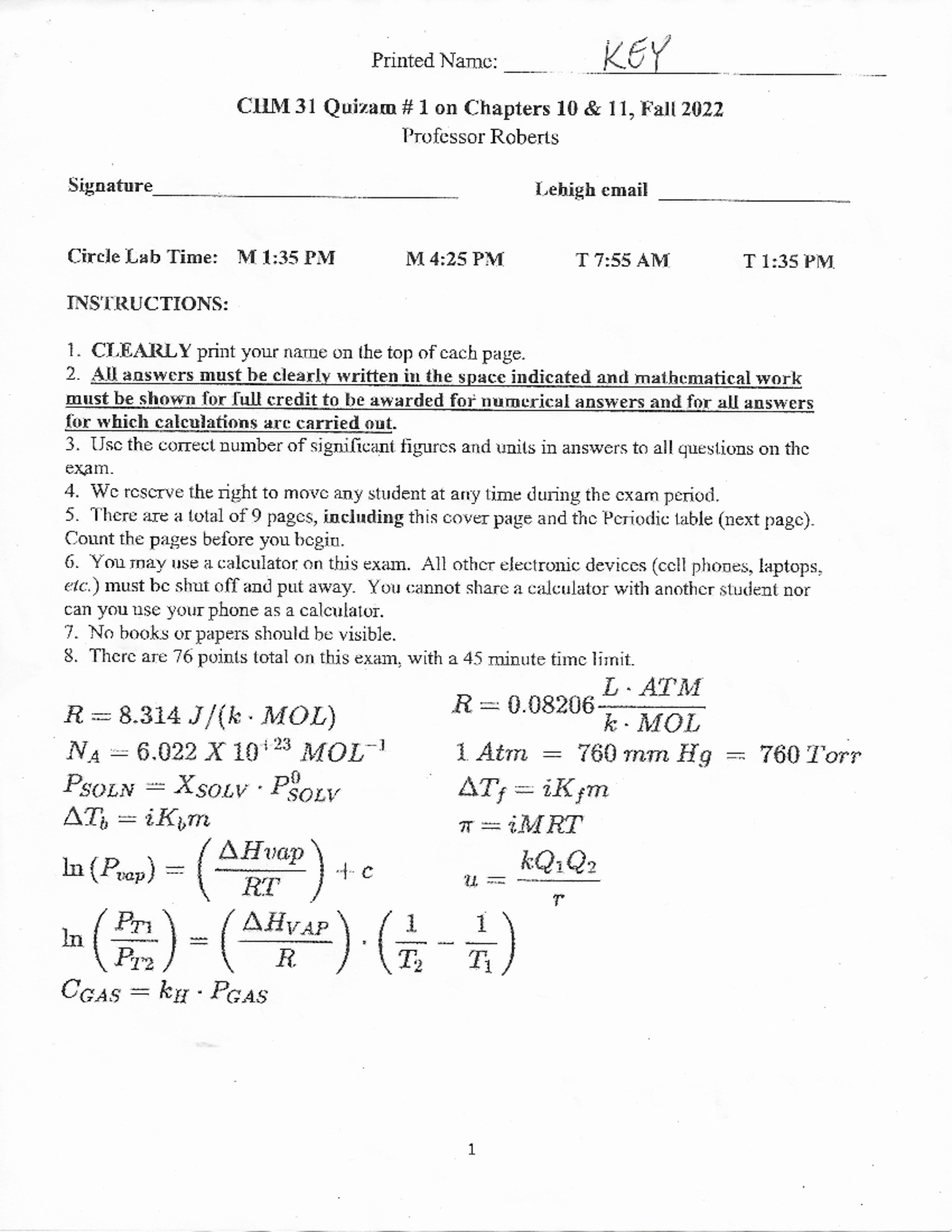 Quizam # 1 Ch 10 11 Answer Key Fall 2022 - CHM 031 - Studocu