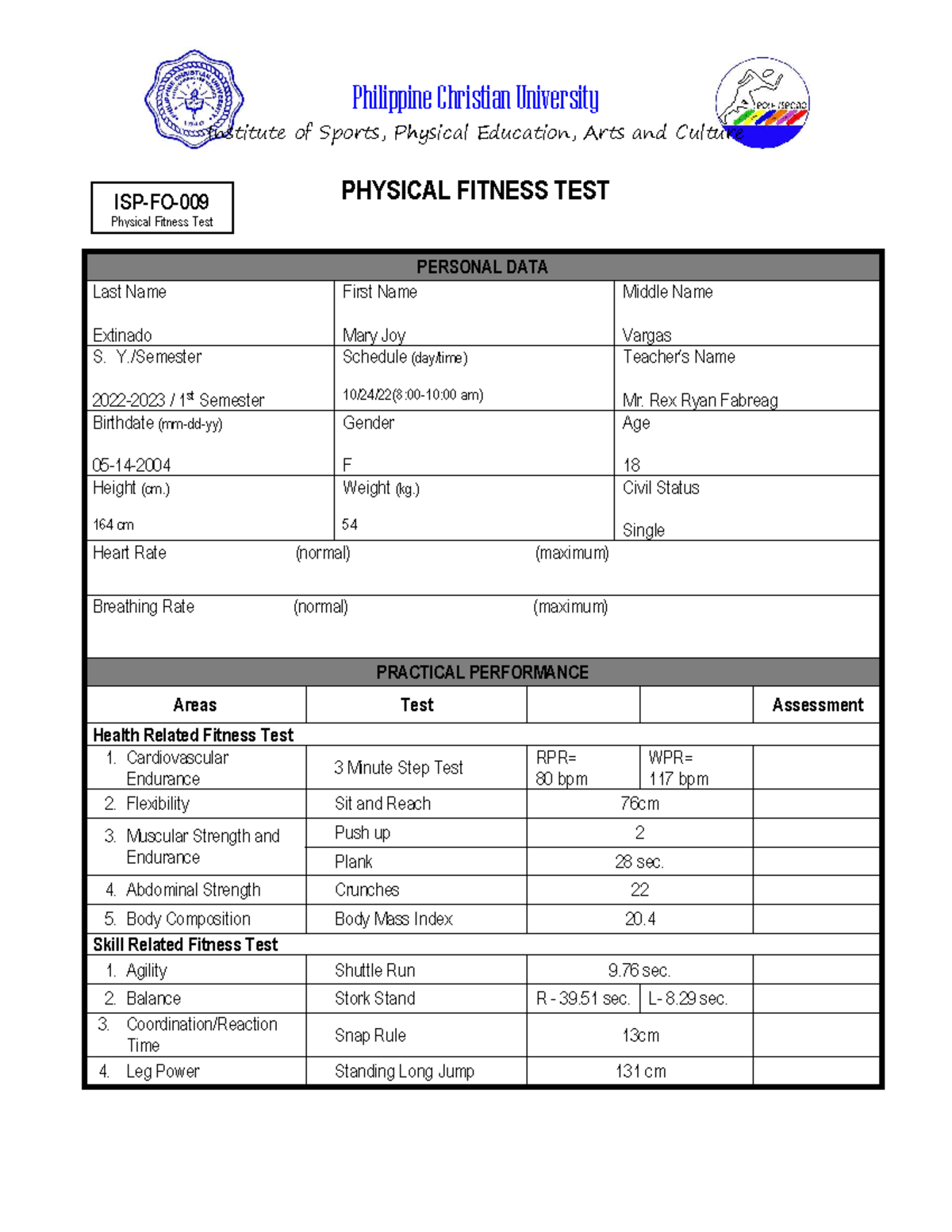 Physical fitness test form 2 mary joy v extinado bscpe 1 a