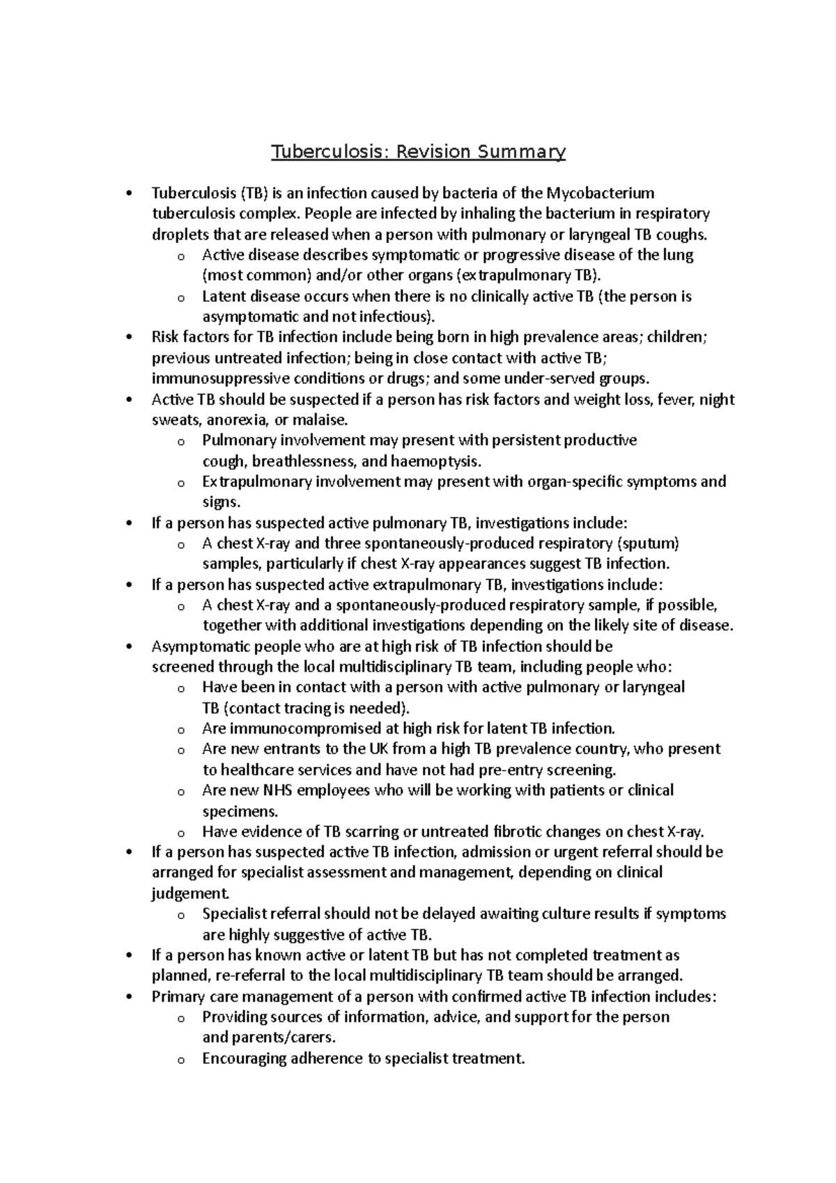 TB Revision summary - Tuberculosis: Revision Summary Tuberculosis (TB ...