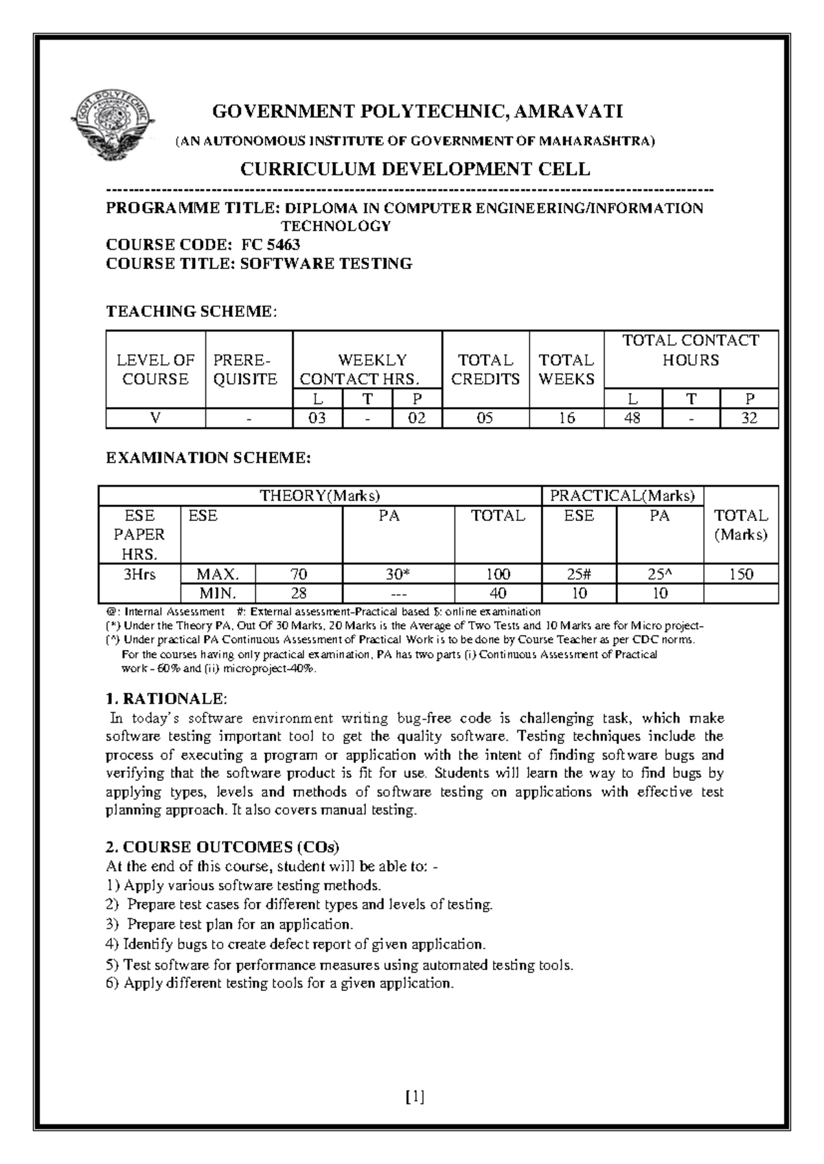 Software testing syllabus - GOVERNMENT POLYTECHNIC, AMRAVATI (AN ...