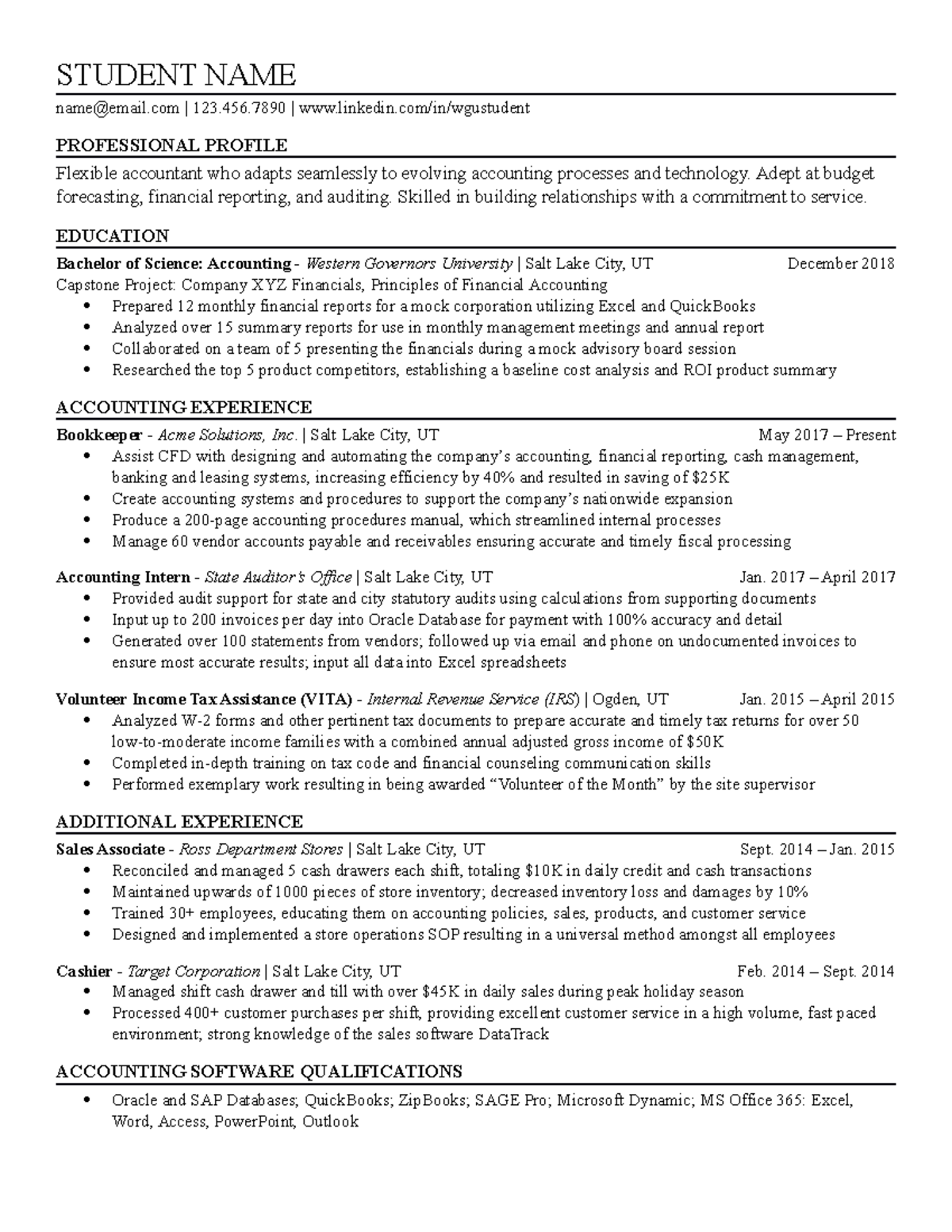 Accounting Resume Sample - STUDENT NAME name@email | 123.456 | linkedin ...