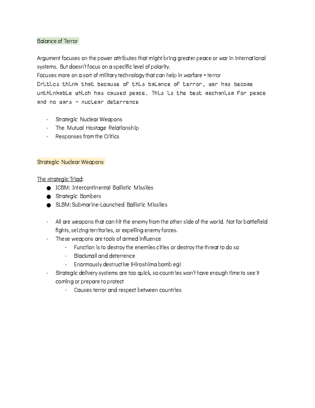 Balance of Terror Lecture notes POLI 12 Intro/Political Science