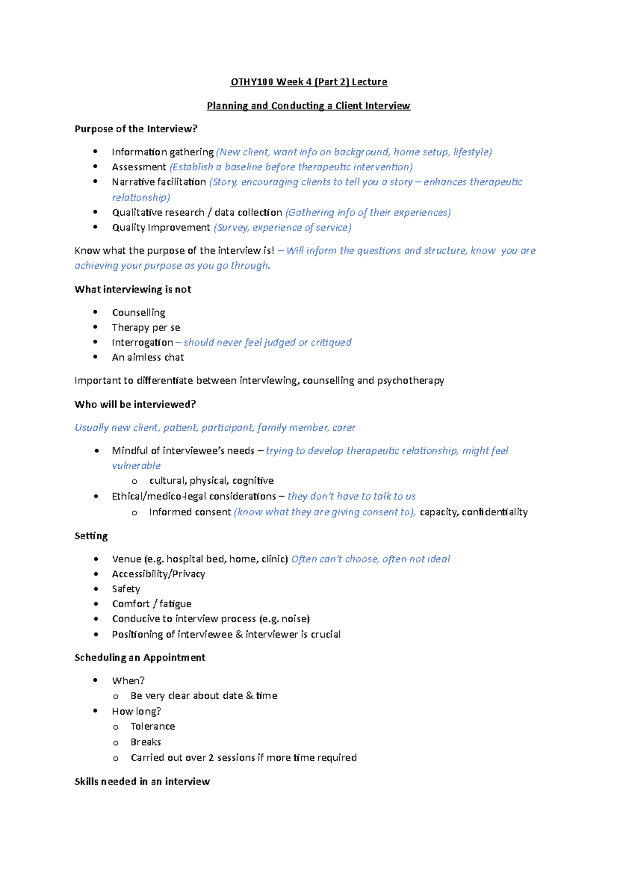 OTHY100 Week 4 (part 2) Lecture - Planning and Conducting a Client ...