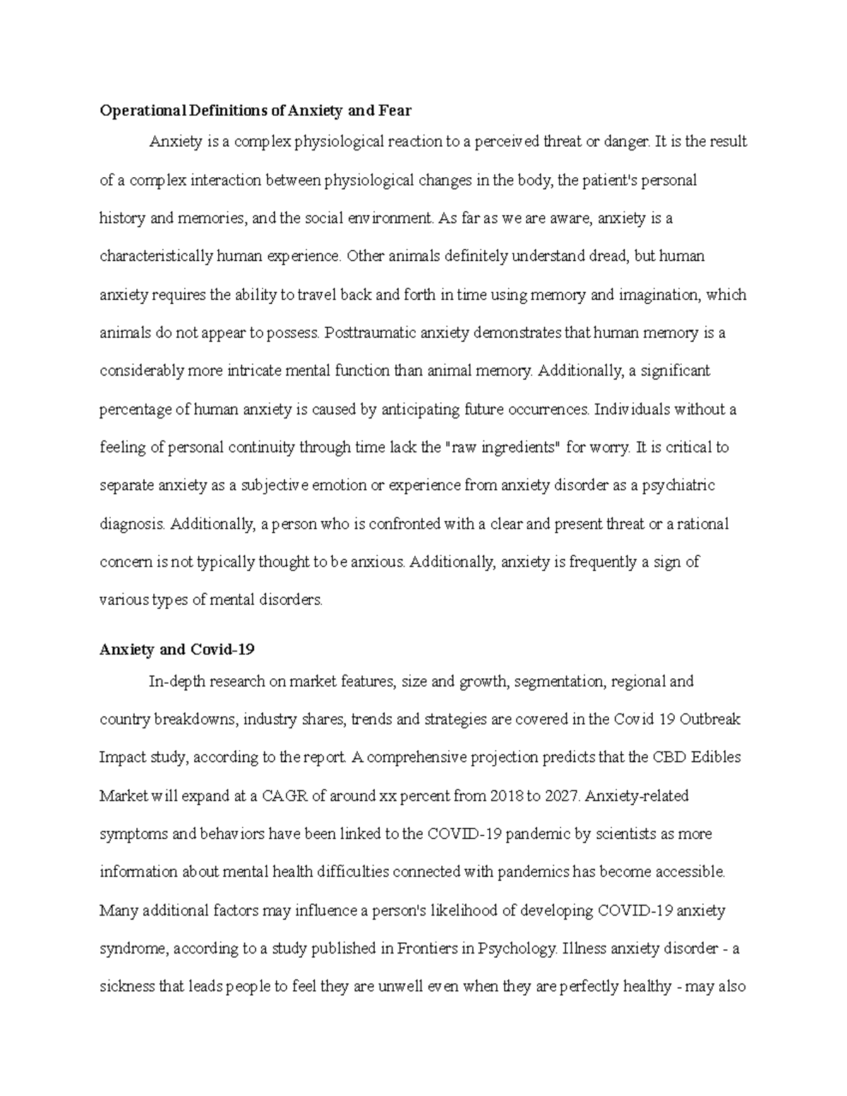 Anxiety and Covid 19 Operational Definitions of Anxiety and Fear
