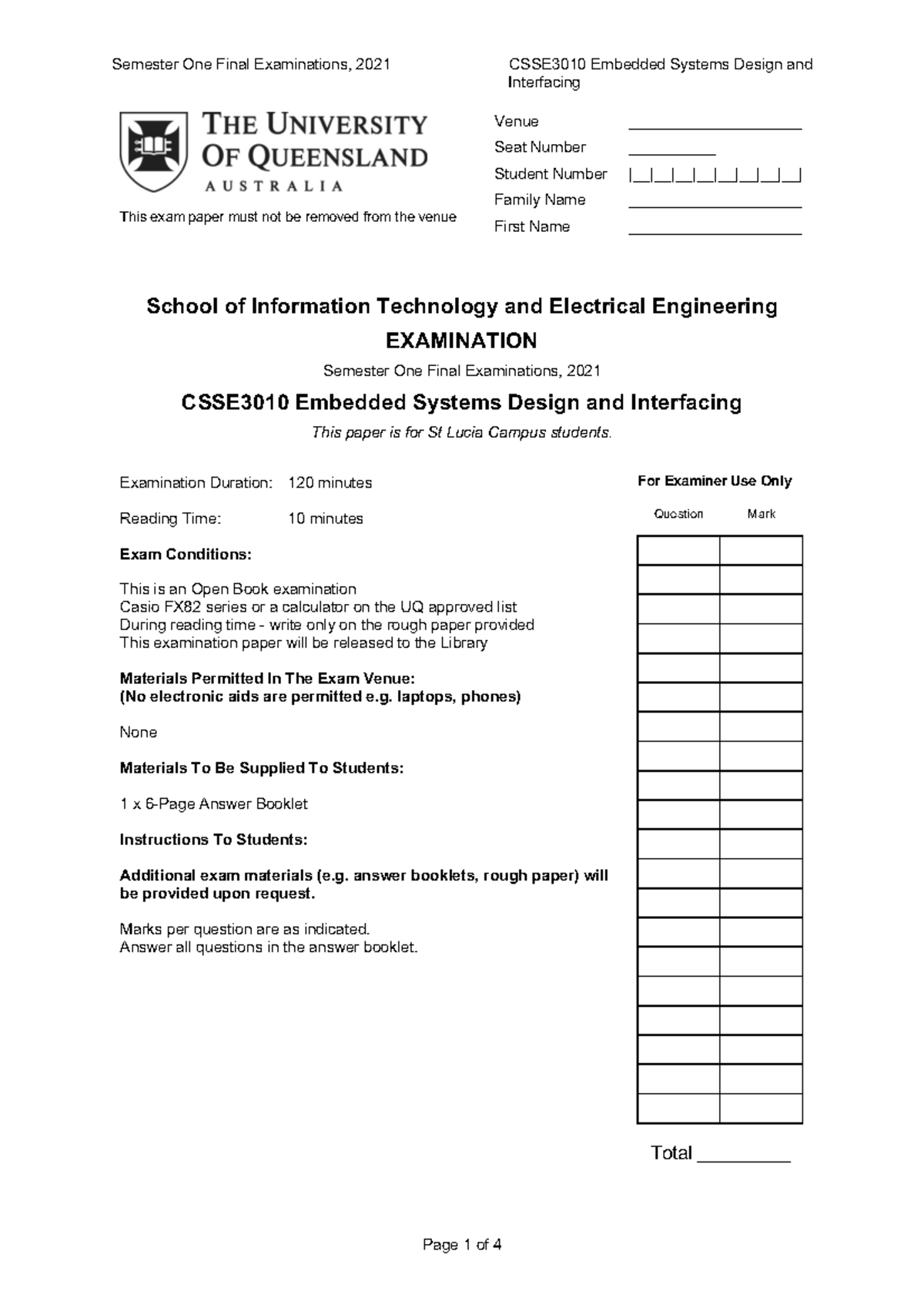 Csse3010 2021 Exam 2021 Exam Interfacing This Exam Paper Must Not Be Removed From The Venue Csse3010 2021 Exam 2021 Exam Interfacing This Exam Paper Must Not Be Removed From The Venue