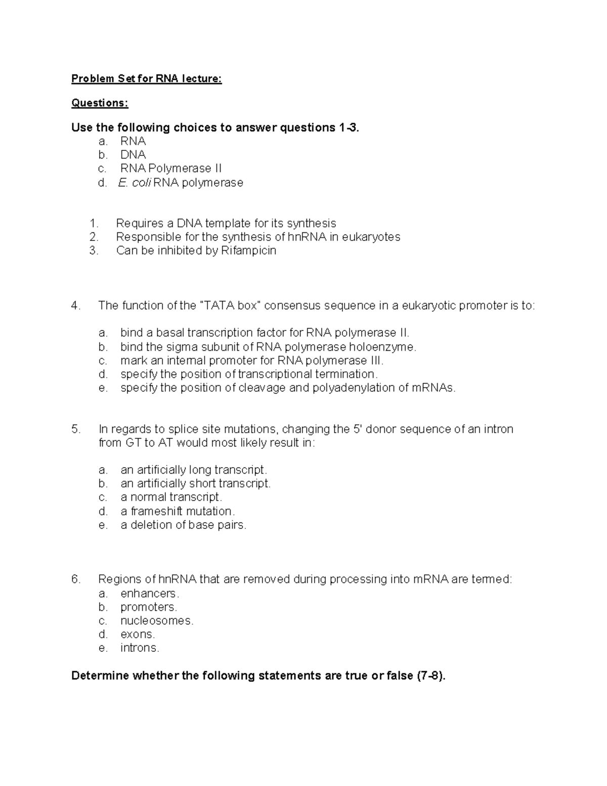 mRNA detailed worksheet - Problem Set for RNA lecture: Questions: Use ...