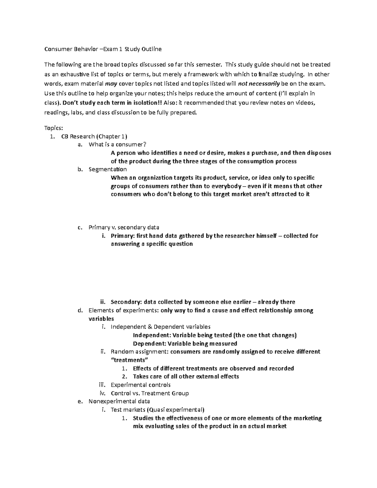 Exam 1 Study Outline - Consumer Behavior –Exam 1 Study Outline The ...
