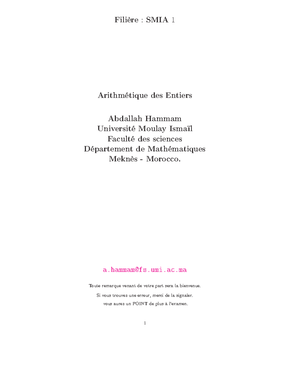 SMIA -Arithmétique des Entiers - Filière : SMIA 1 Arithmétique des ...