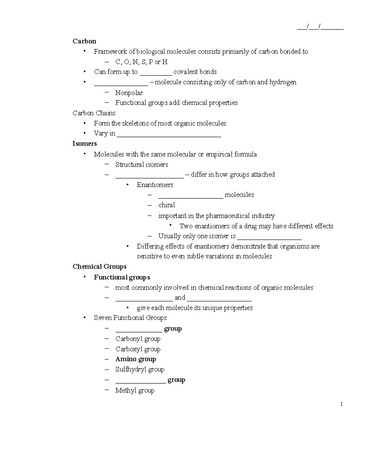 Chapter 3 - Macromolecule Notes - Carbon - Framework of biological ...
