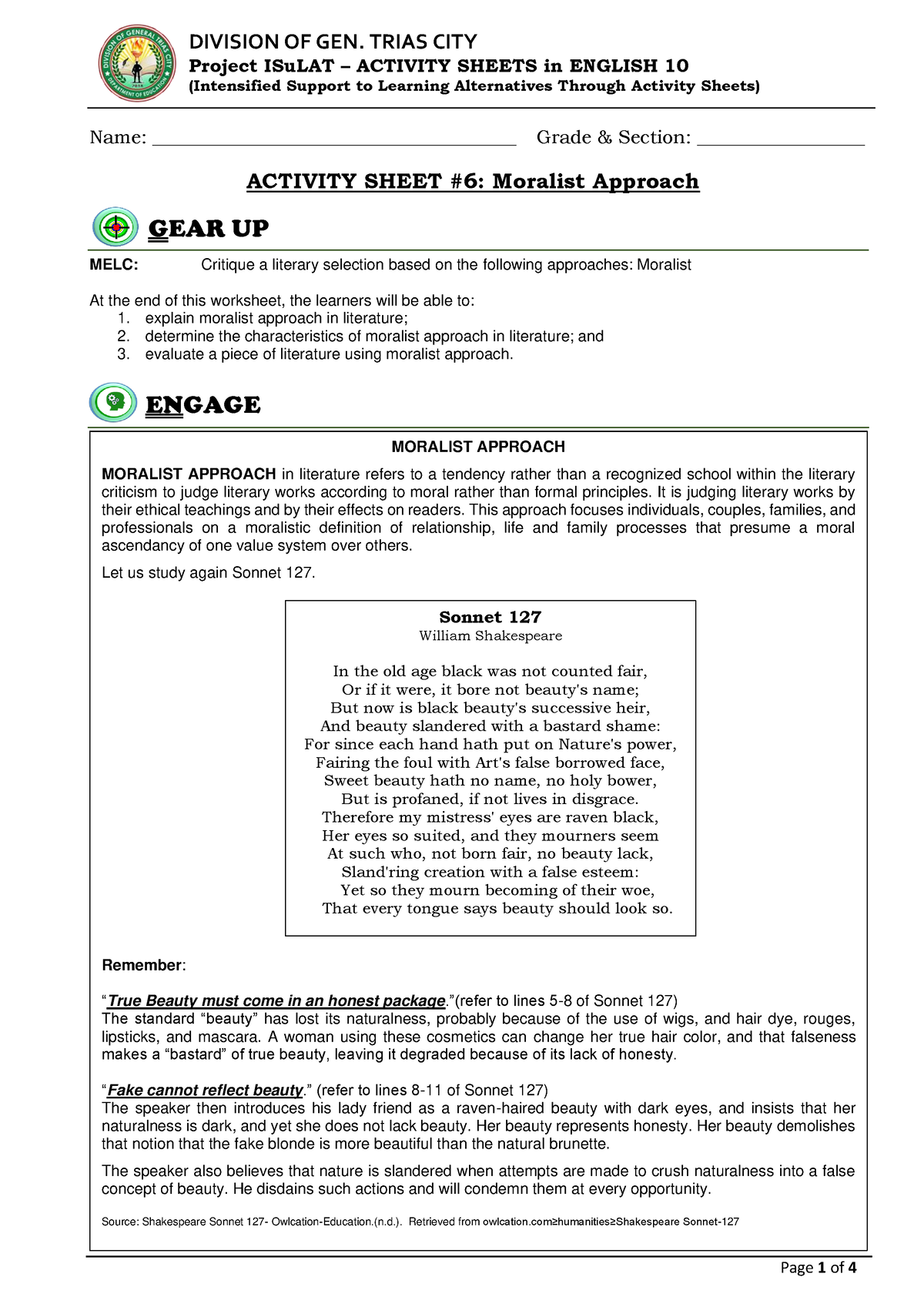 English 10 As6 Moralist Final Project Isulat Activity Sheets In English 10 5358