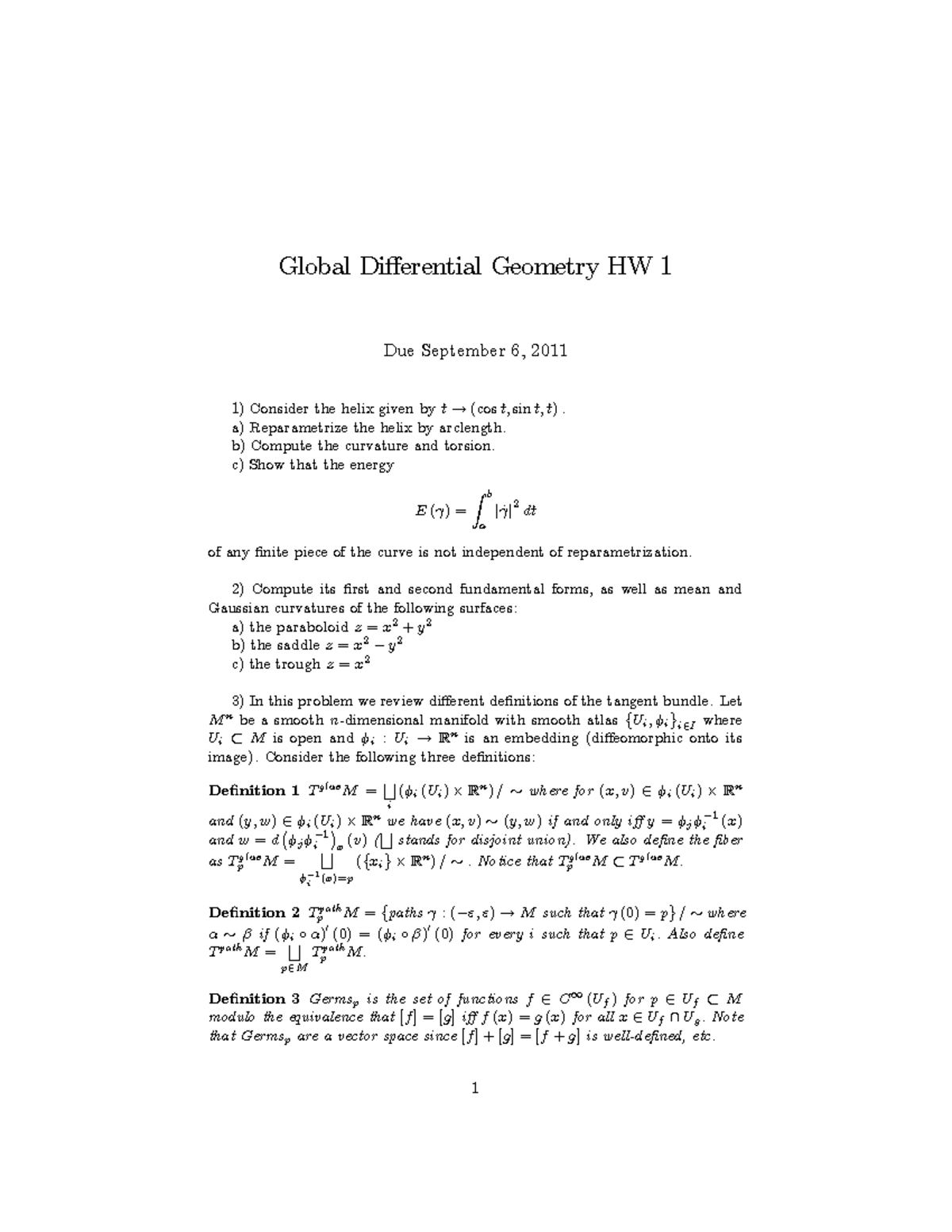 HW1 - Homework assignment 1 - Global Geometry HW 1 Due September 6 ...