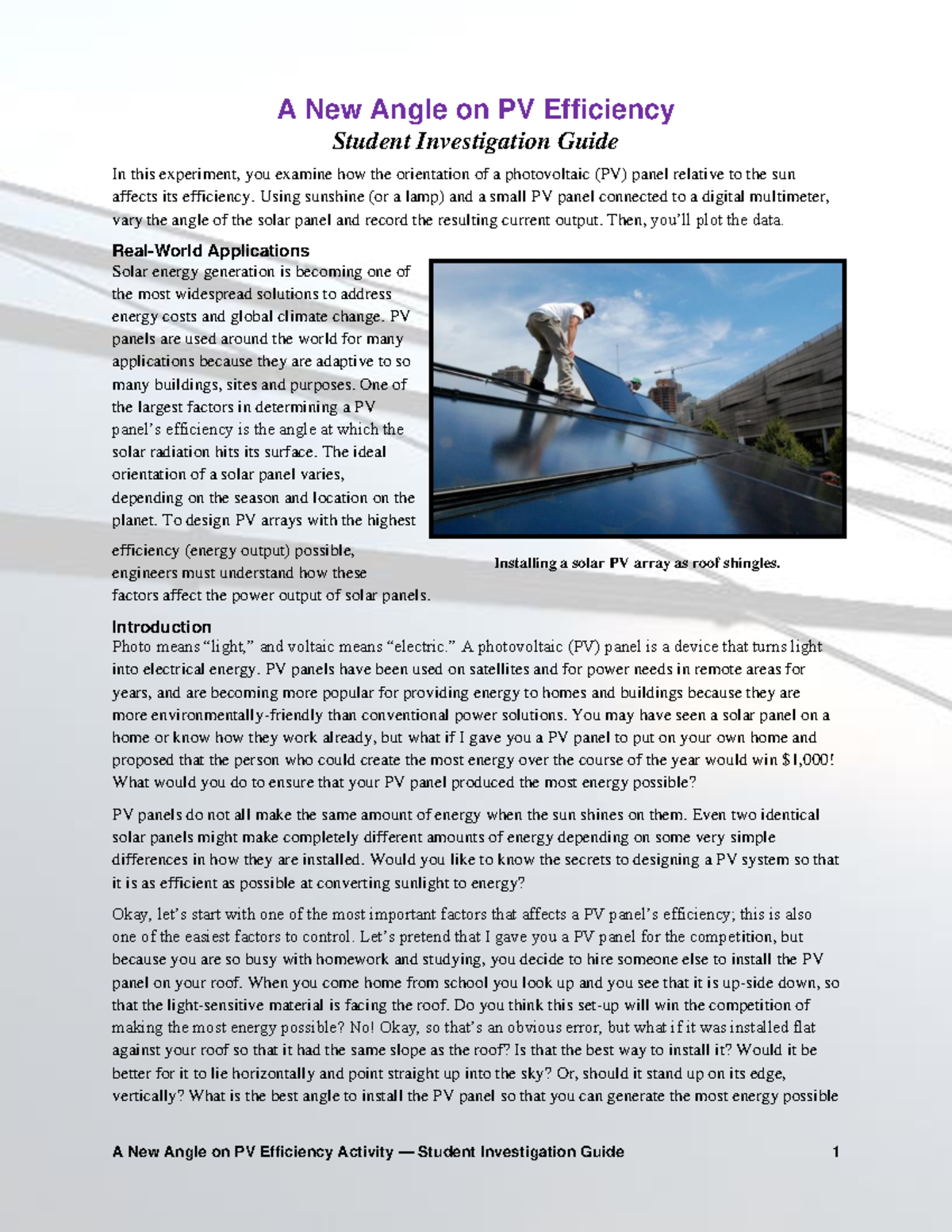 Solar energy lab reading A New Angle on PV Efficiency Activity — Student Investigation Guide 1