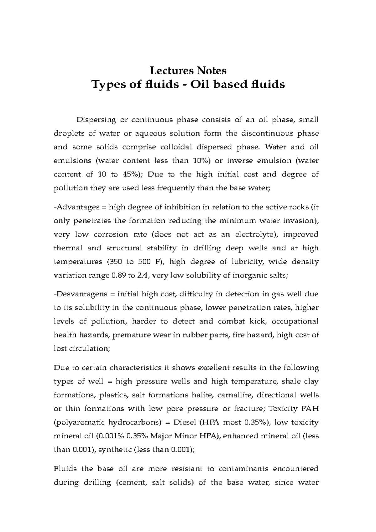 Types of Fluids Oil based fluids Lectures Notes Types of fluids