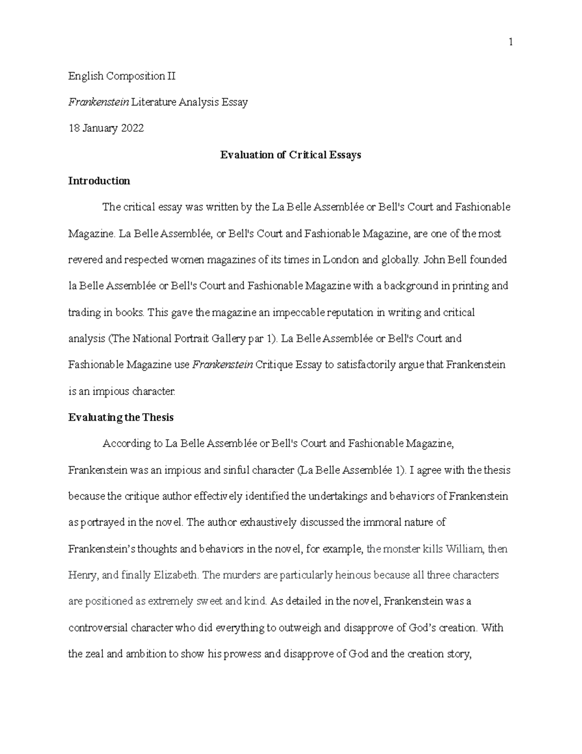Evaluation Essays English Composition II Frankenstein Literature Analysis Essay 18 January