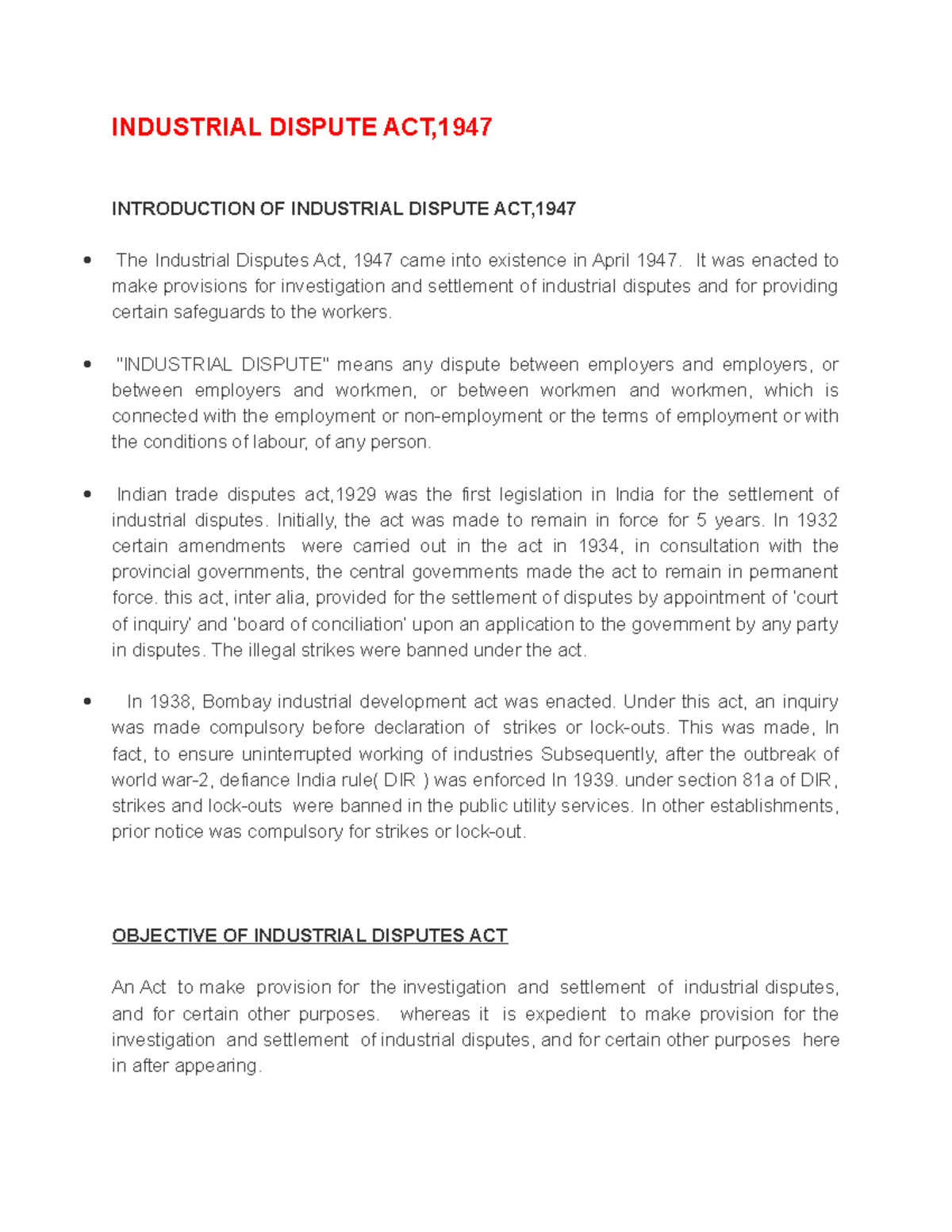 Labour Law act notes INDUSTRIAL DISPUTE ACT, INTRODUCTION OF INDUSTRIAL DISPUTE ACT, The Studocu