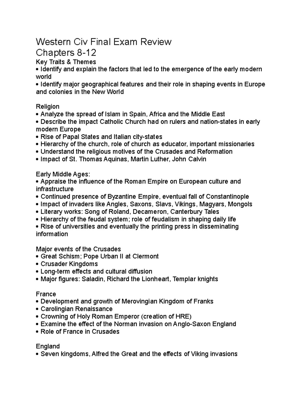 Final exam review - Western Civ Final Exam Review Chapters 8- Key ...