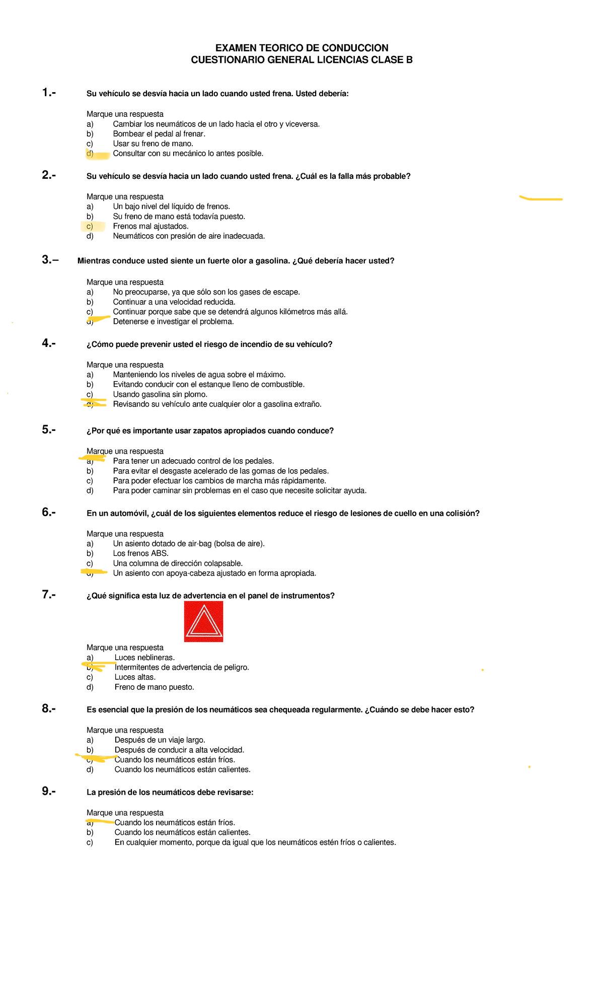 Cuestionario Clase B - Respuesta Licencia Tipo B - EXAMEN TEORICO DE ...