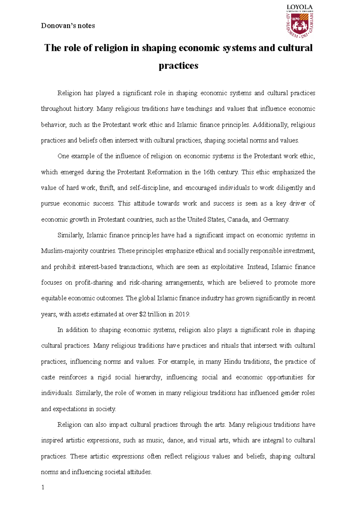 The role of religion in shaping economic systems and cultural practices ...