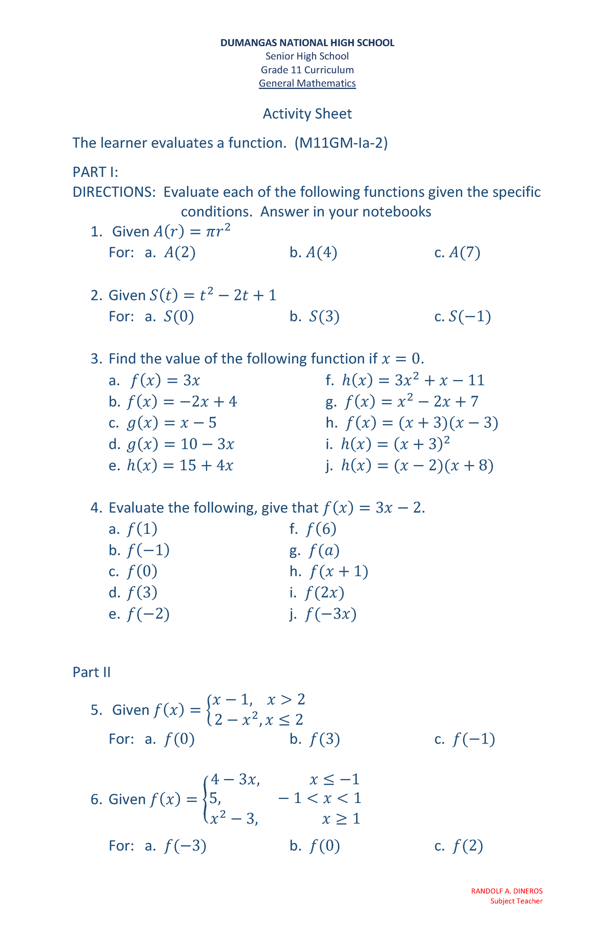 Activity Sheet-Evaluation of Functions and Piecewise Functions ...