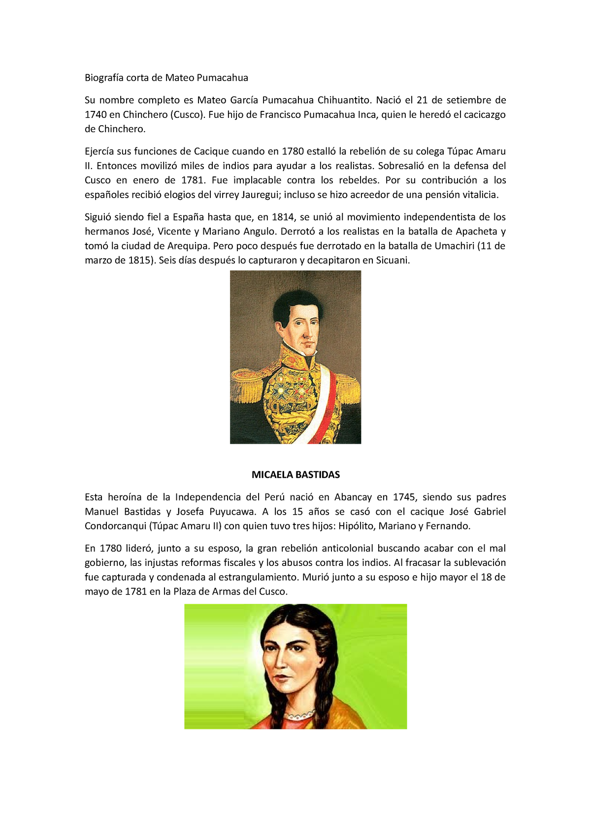 Biografias DE3 Heroes DE LA Nacion - Biogra昀 A Corta De Mateo Pumacahua ...