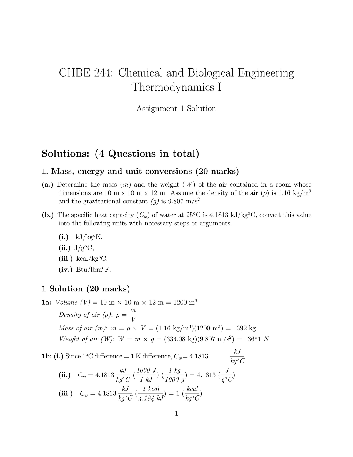 Chbe244 Assignment 01 Solutions Chbe 244 Chemical And Biological Engineering Studocu