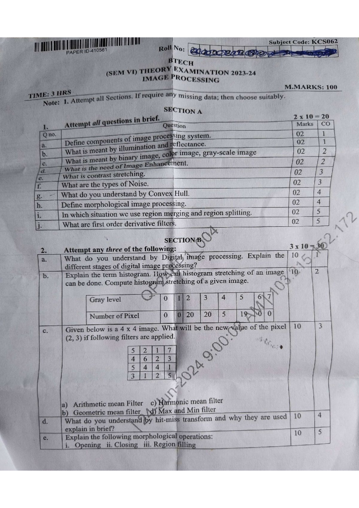 Image processing - Subject Code: KCS062 PAPER Roll No: BTECH (SEM VI ...