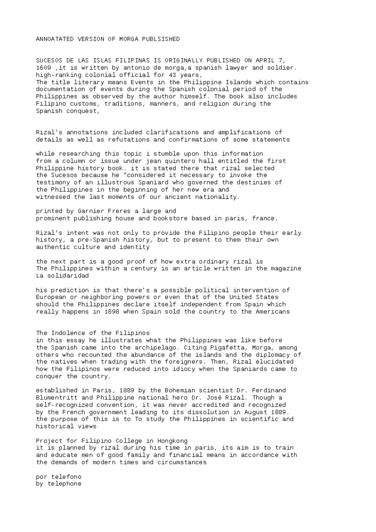Annotation Of Rizal Reviewer - ANNOATATED VERSION OF MORGA PUBLSISHED ...