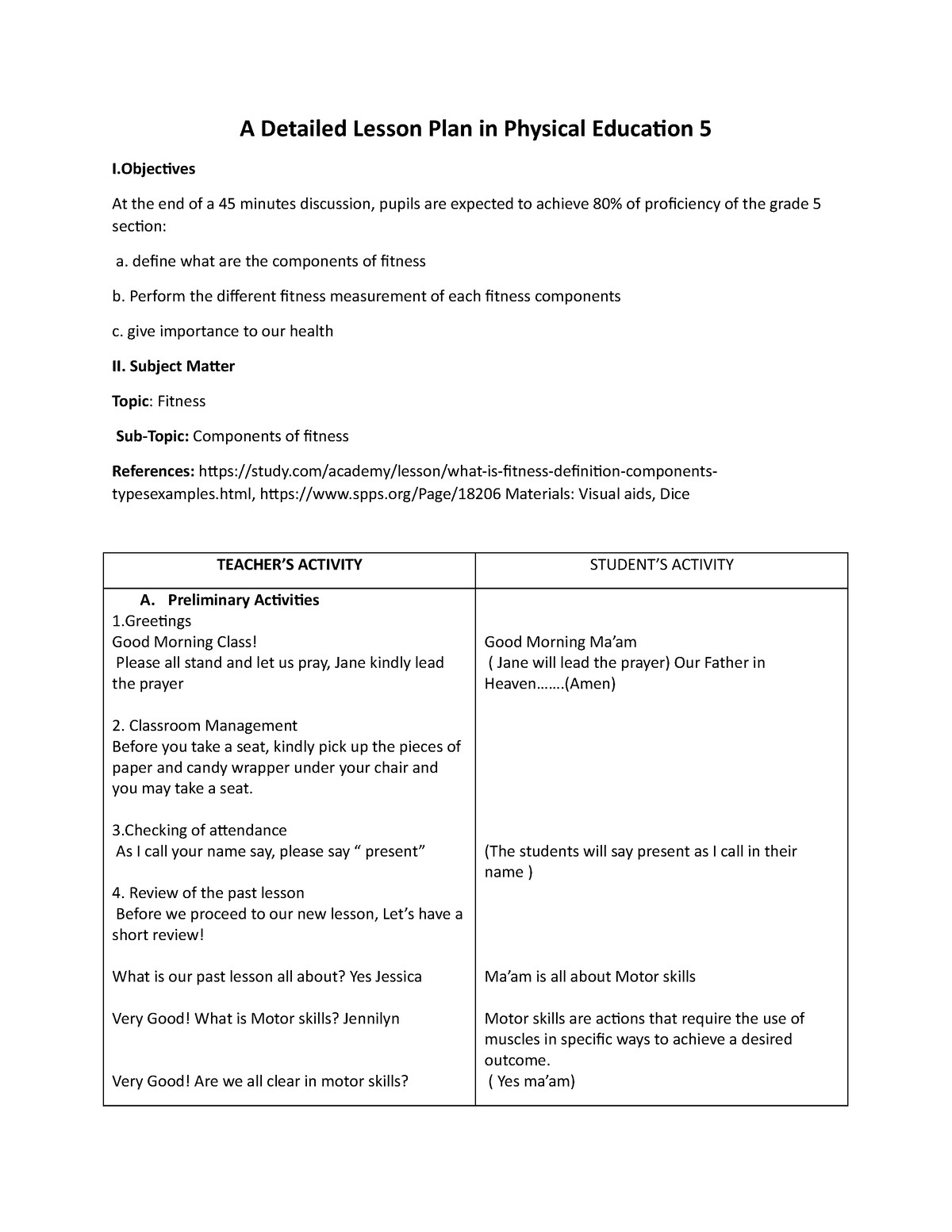 physical education lesson plan for grade 5