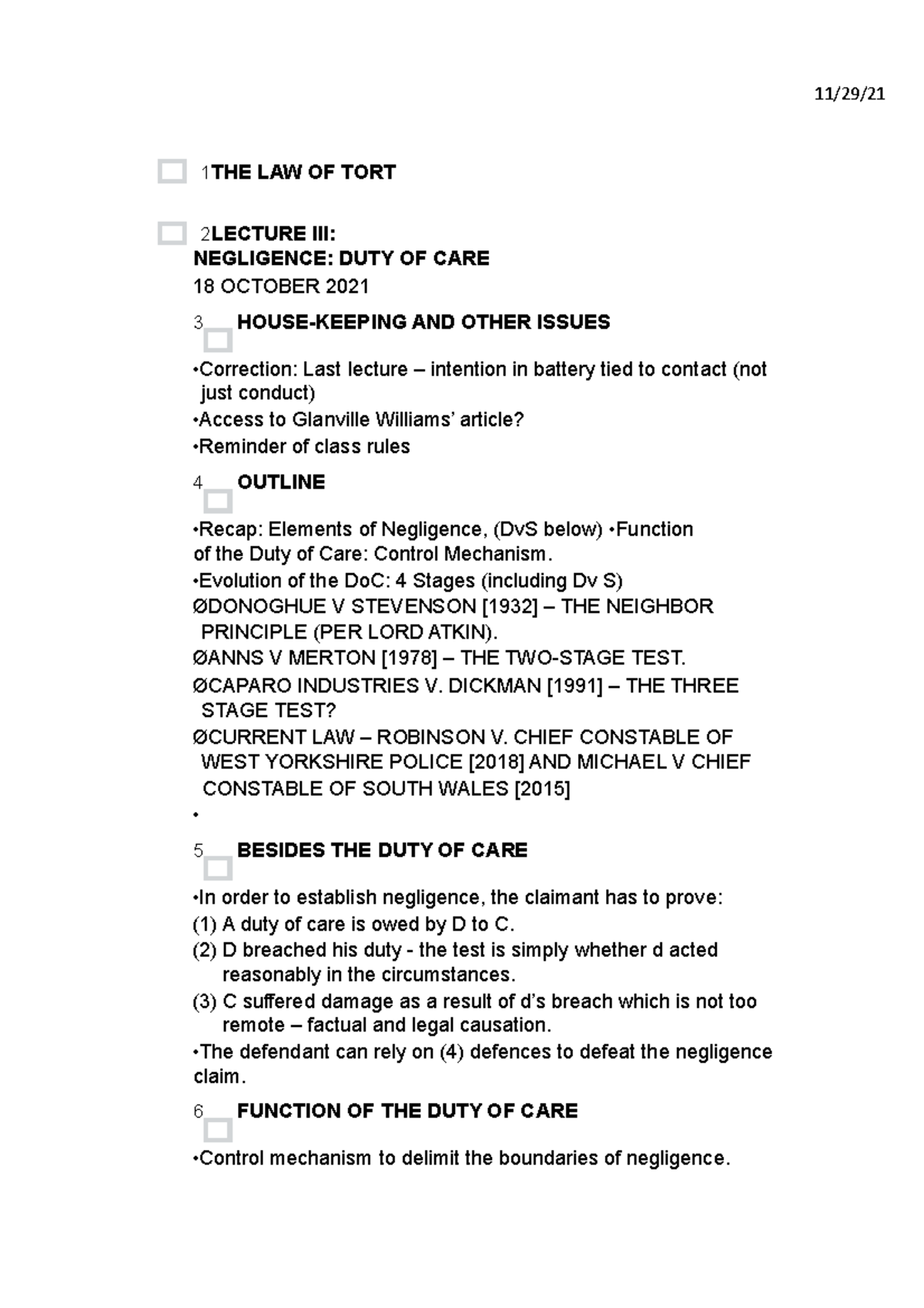 Lecture 3 Duty of Care - 11/29/ 1 THE LAW OF TORT 2 LECTURE III ...