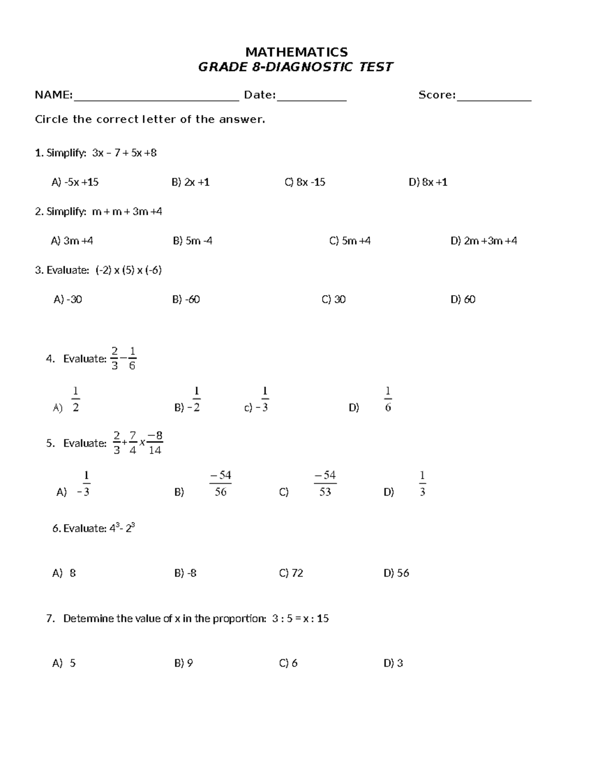 429531295 Diagnostic Test Grade 8 - MATHEMATICS GRADE 8-DIAGNOSTIC TEST ...