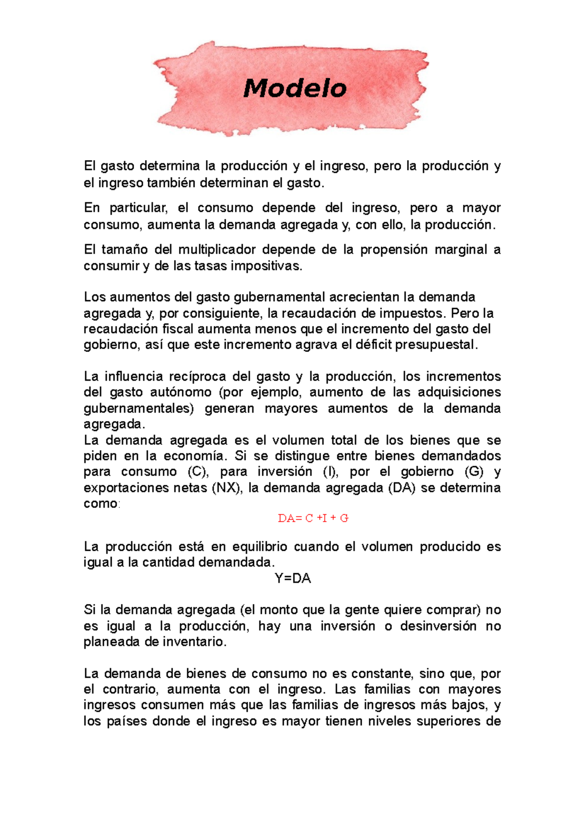 Modelo Keynesiano - Contiene apuntes sobre la función de consumo, de  ahorro, ingreso y producción - Studocu