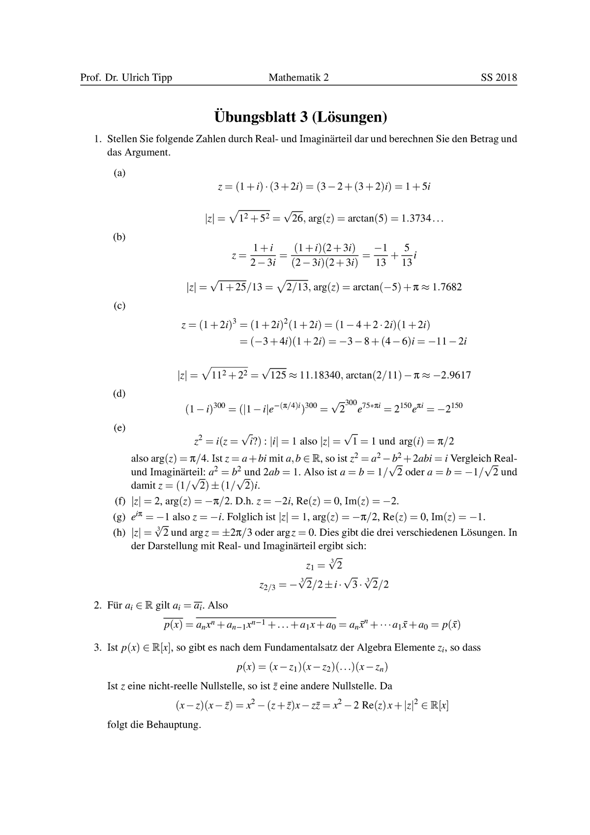 Bungsblatt L Sungen Prof Dr Ulrich Tipp Mathematik Ss