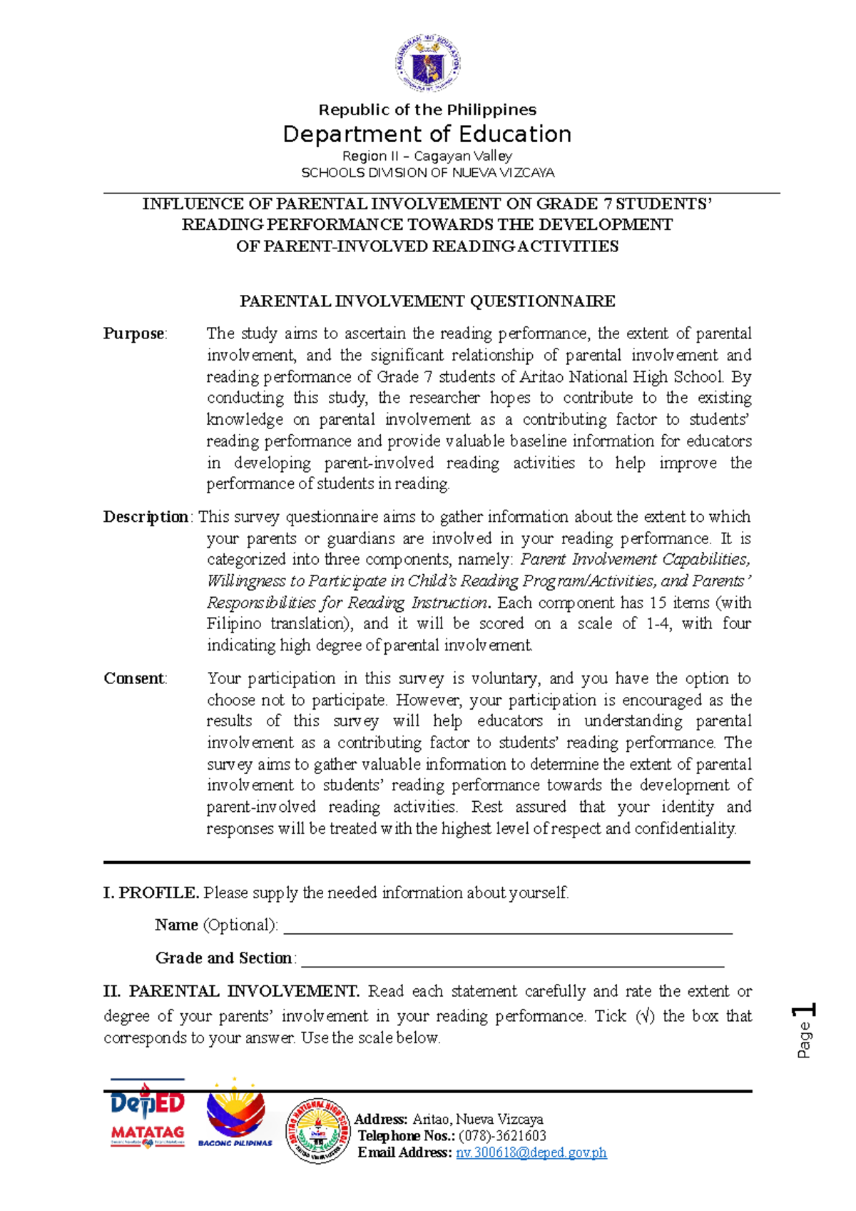 Sample-Questionnaire - Page 1 Department of Education Region II ...