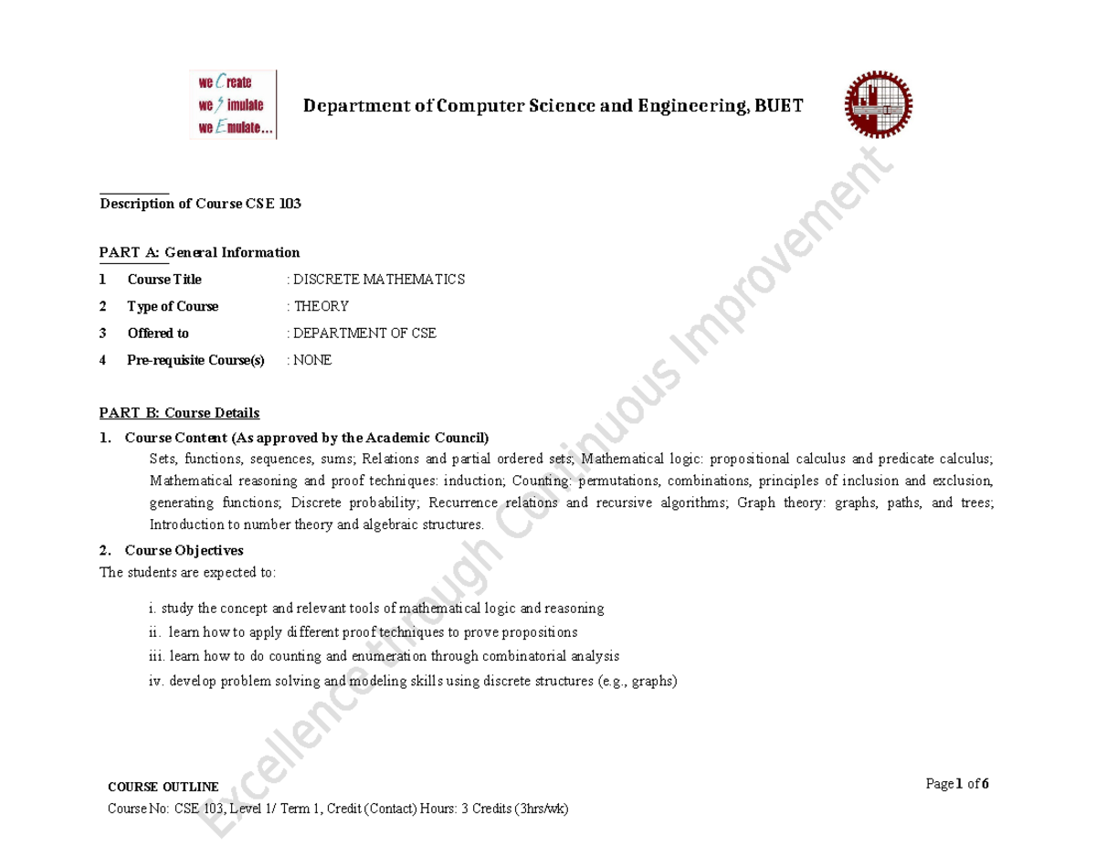 CSE 103-Revised - lecture note - Description of Course CSE 103 PART A ...