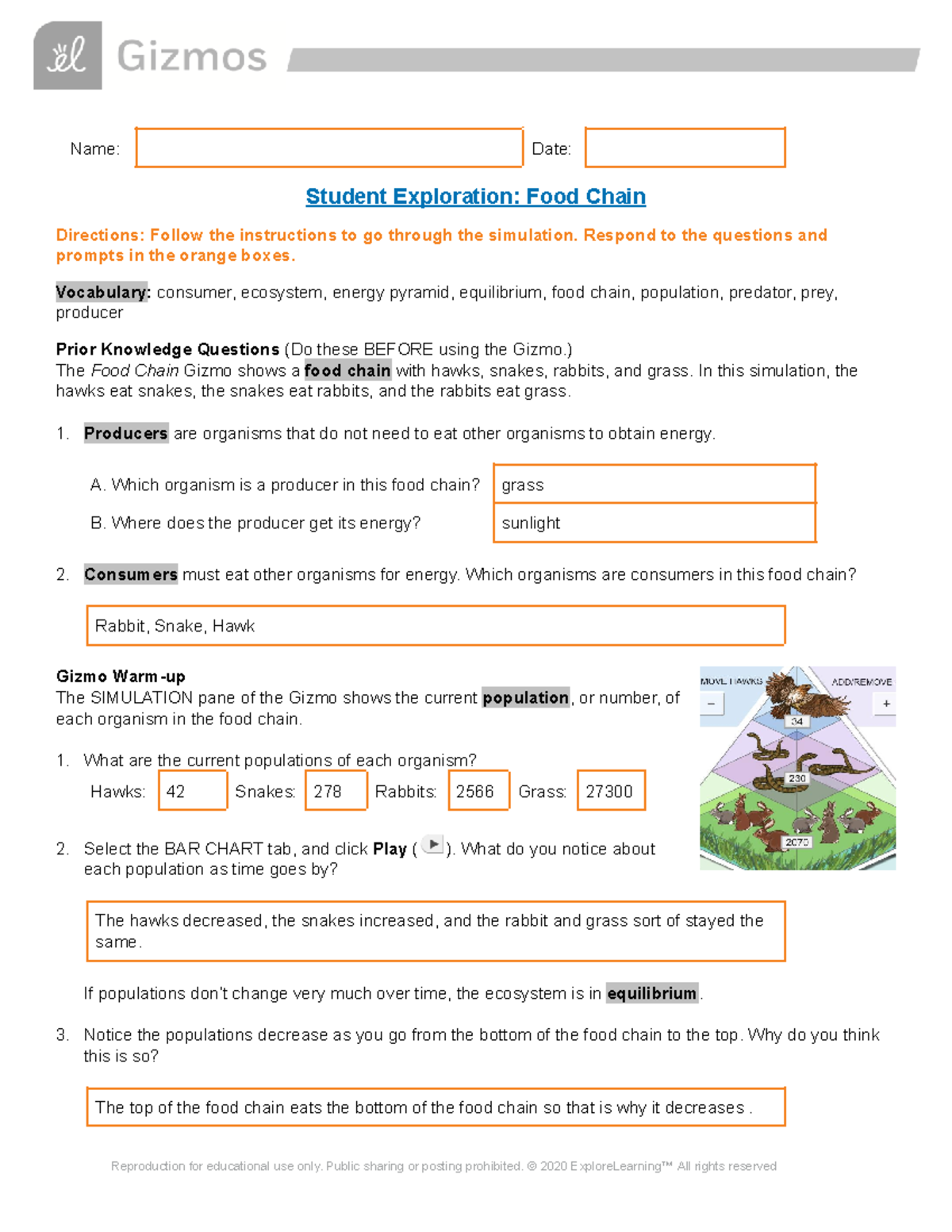 Food Chain SE Gizmo - Name: Date: Student Exploration: Food Chain ...