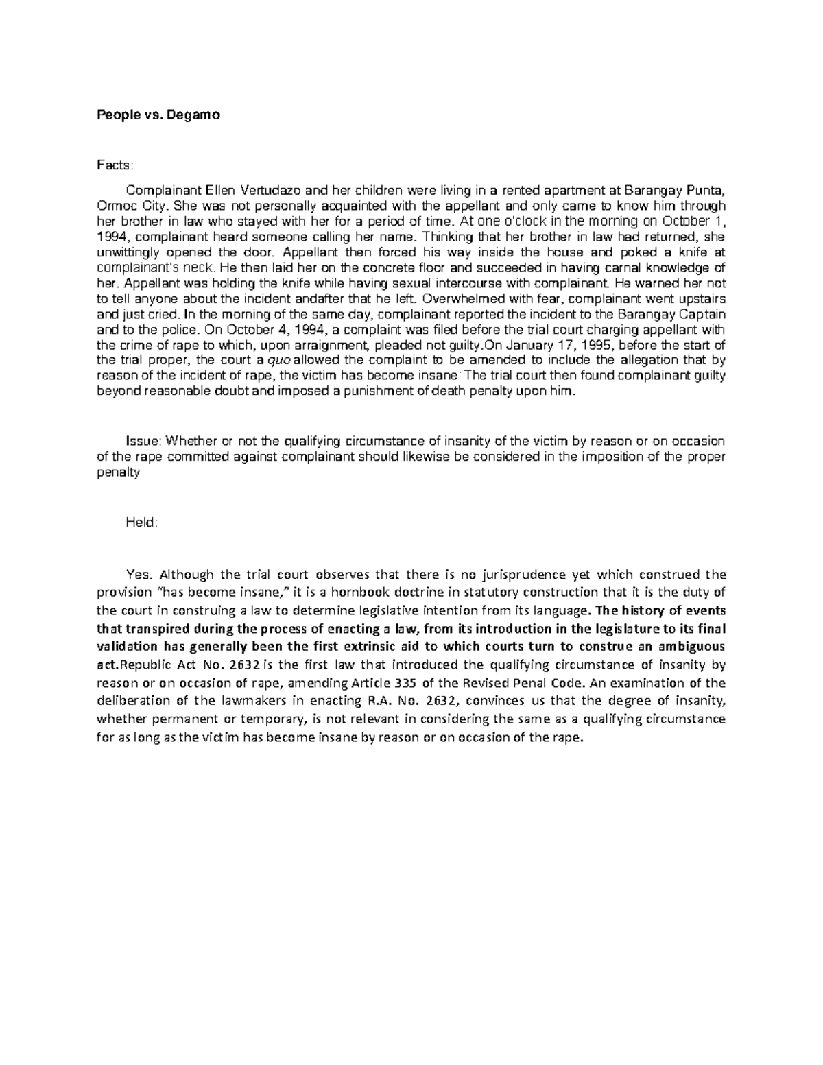 Scribd - mandatory ass - People vs. Degamo Facts: Complainant Ellen ...