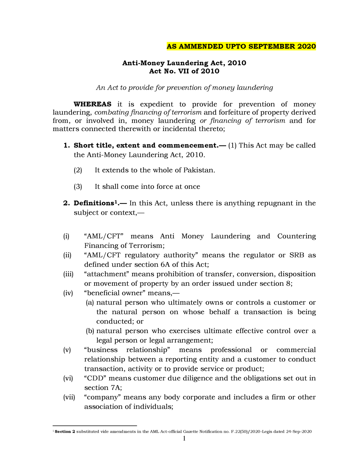 Anti-Money-Laundering-Act-2010-amended-upto-Sep. 2020 - AS AMMENDED ...