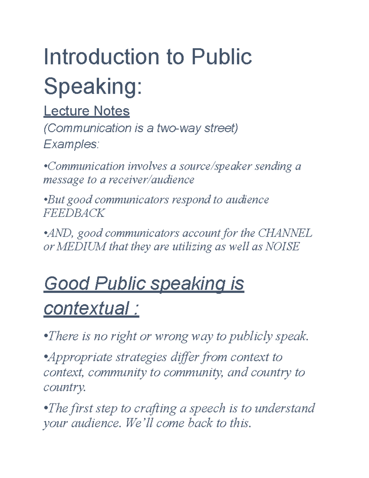 Speech 102 - Notes - Part 1 - Introduction to Public Speaking: Lecture ...