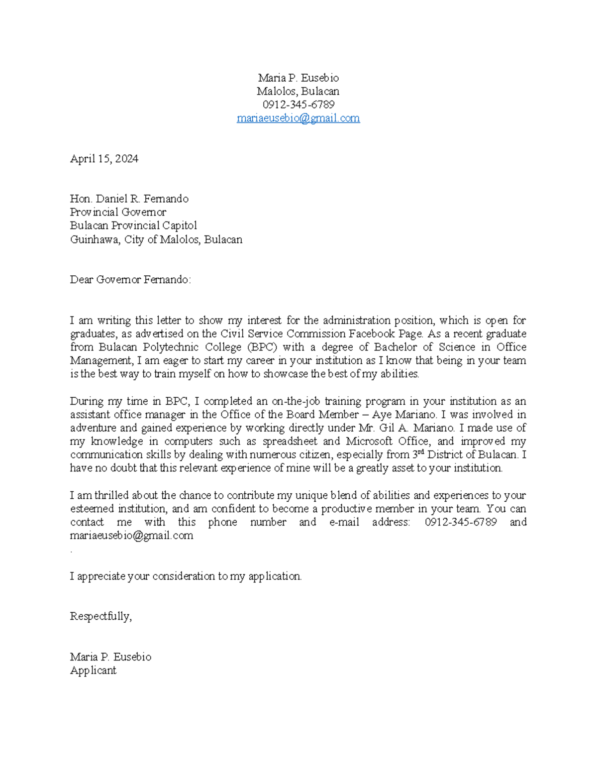 Application-letter - sample of application letter - Maria P. Eusebio ...