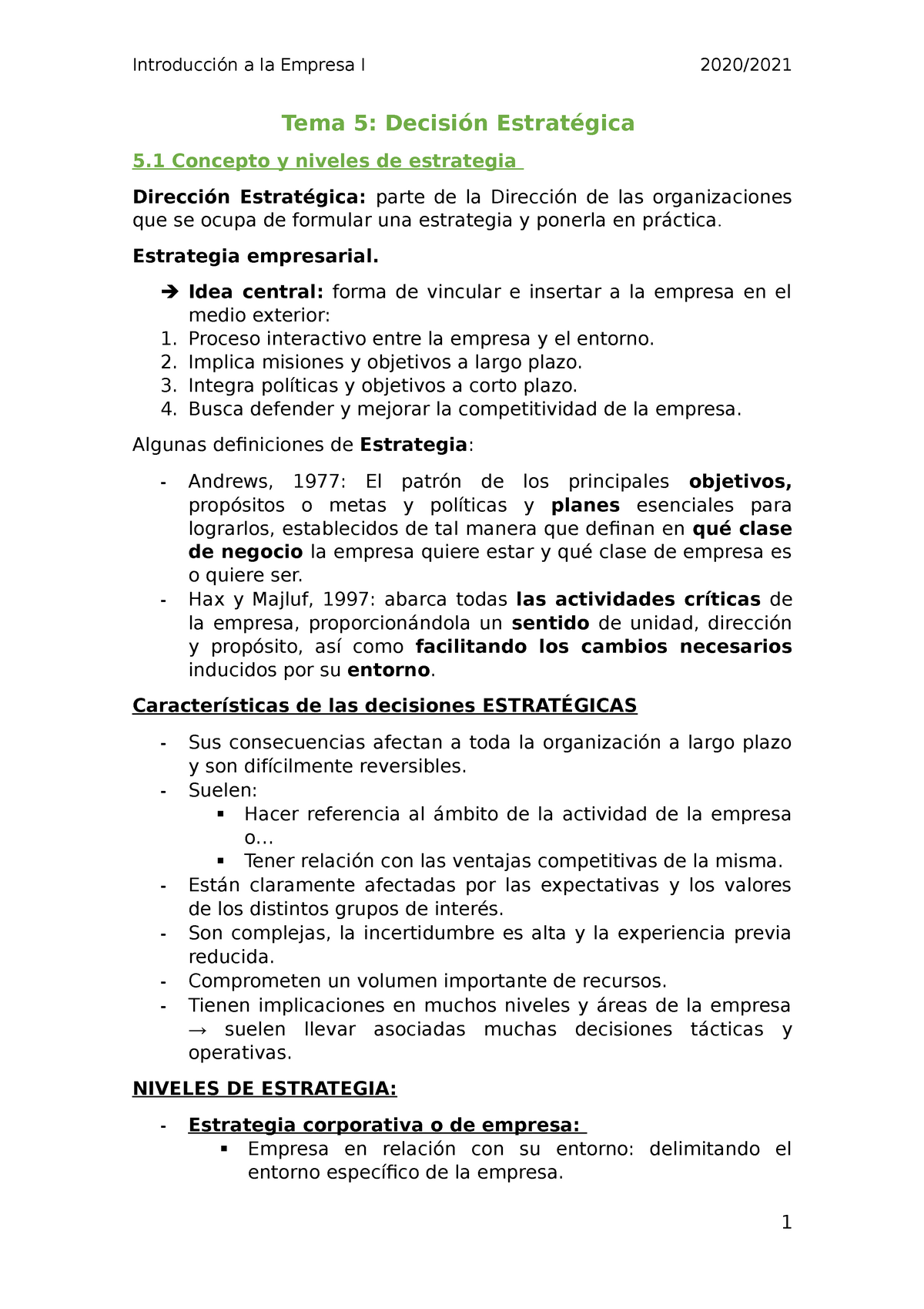 Tema 5 Apuntes 5 Tema 5 Decisión Estratégica 5 Concepto Y Niveles De Estrategia Dirección 5641