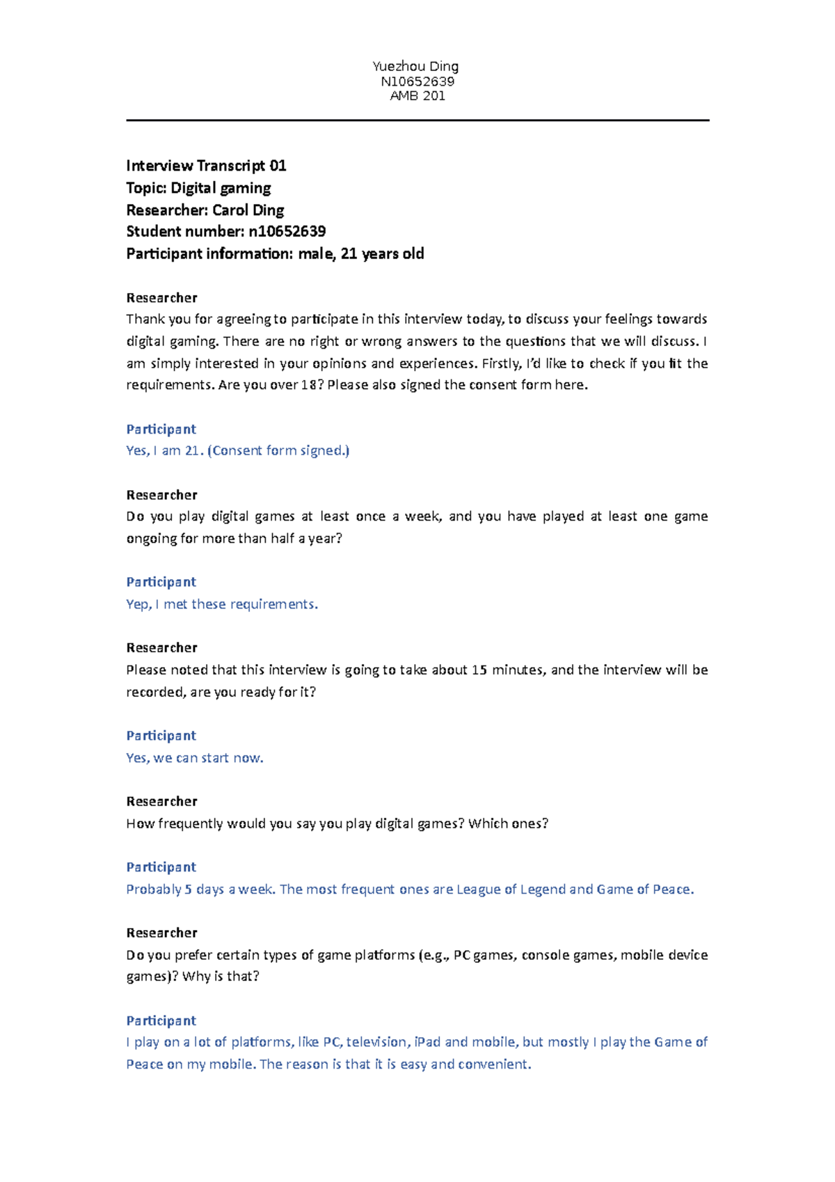 Interview Transcript - AMB201 - QUT - Studocu