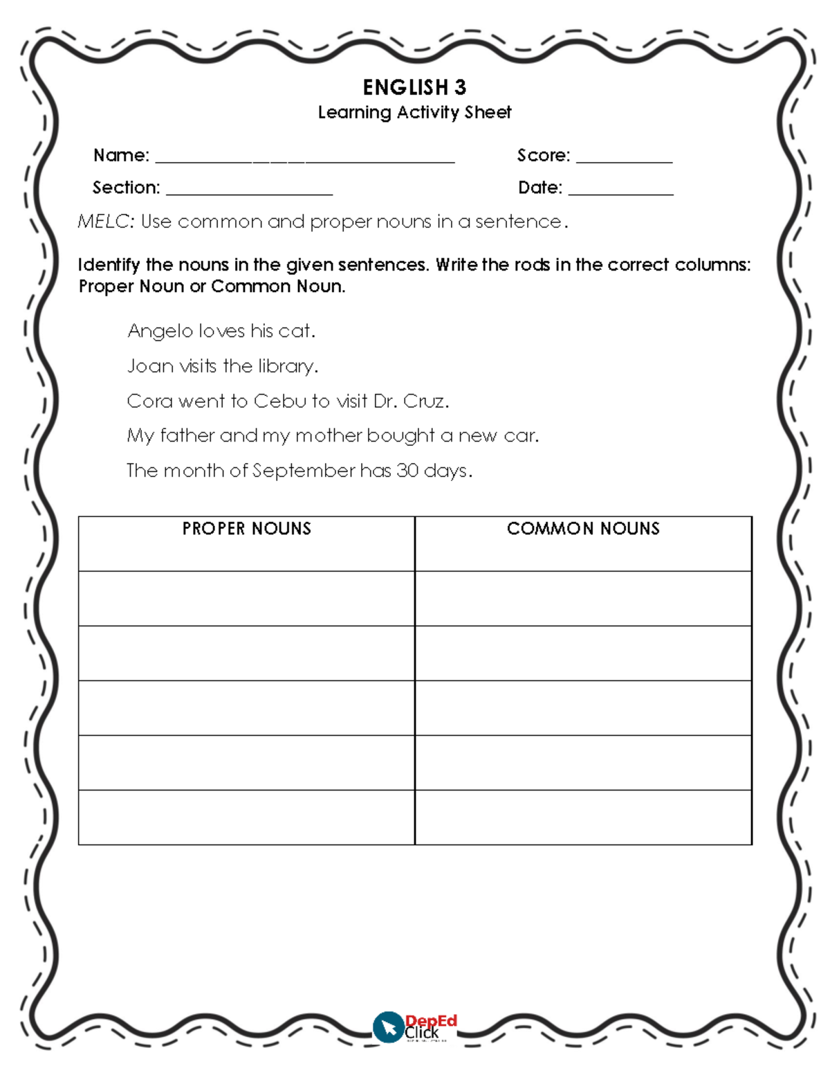 Grade 3 English Activity Sheets Q1 - ENGLISH 3 Learning Activity Sheet ...