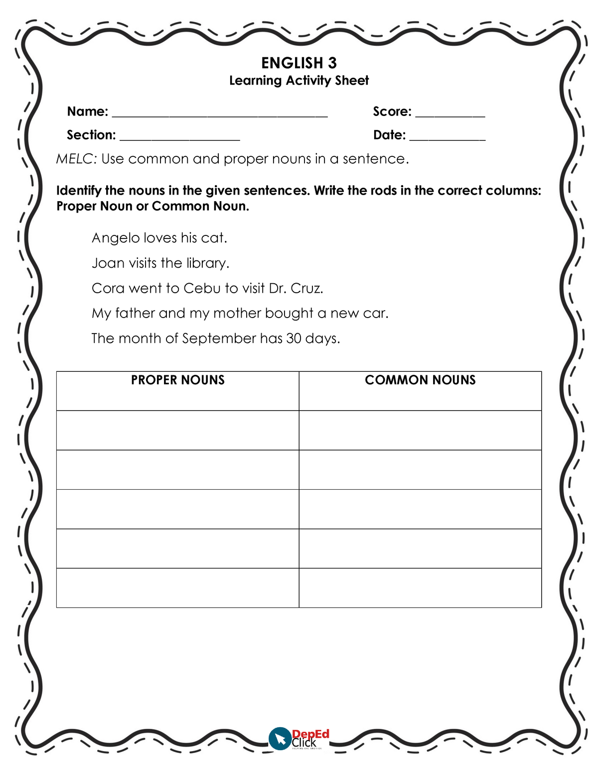 Grade 3 English Activity Sheets Q1 ENGLISH 3 Learning Activity Sheet 