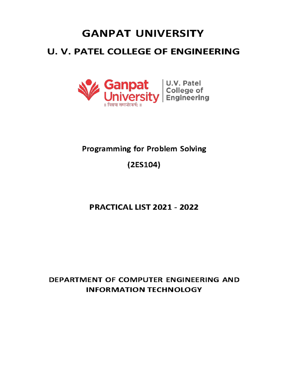 PPS Practical list for First Year - GANPAT UNIVERSITY U. V. PATEL ...