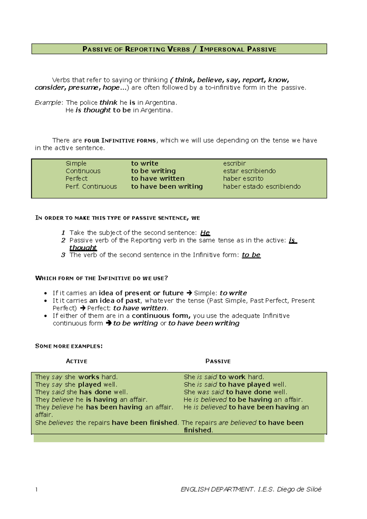 Impersonal passive transformations key - They say she works hard. She ...